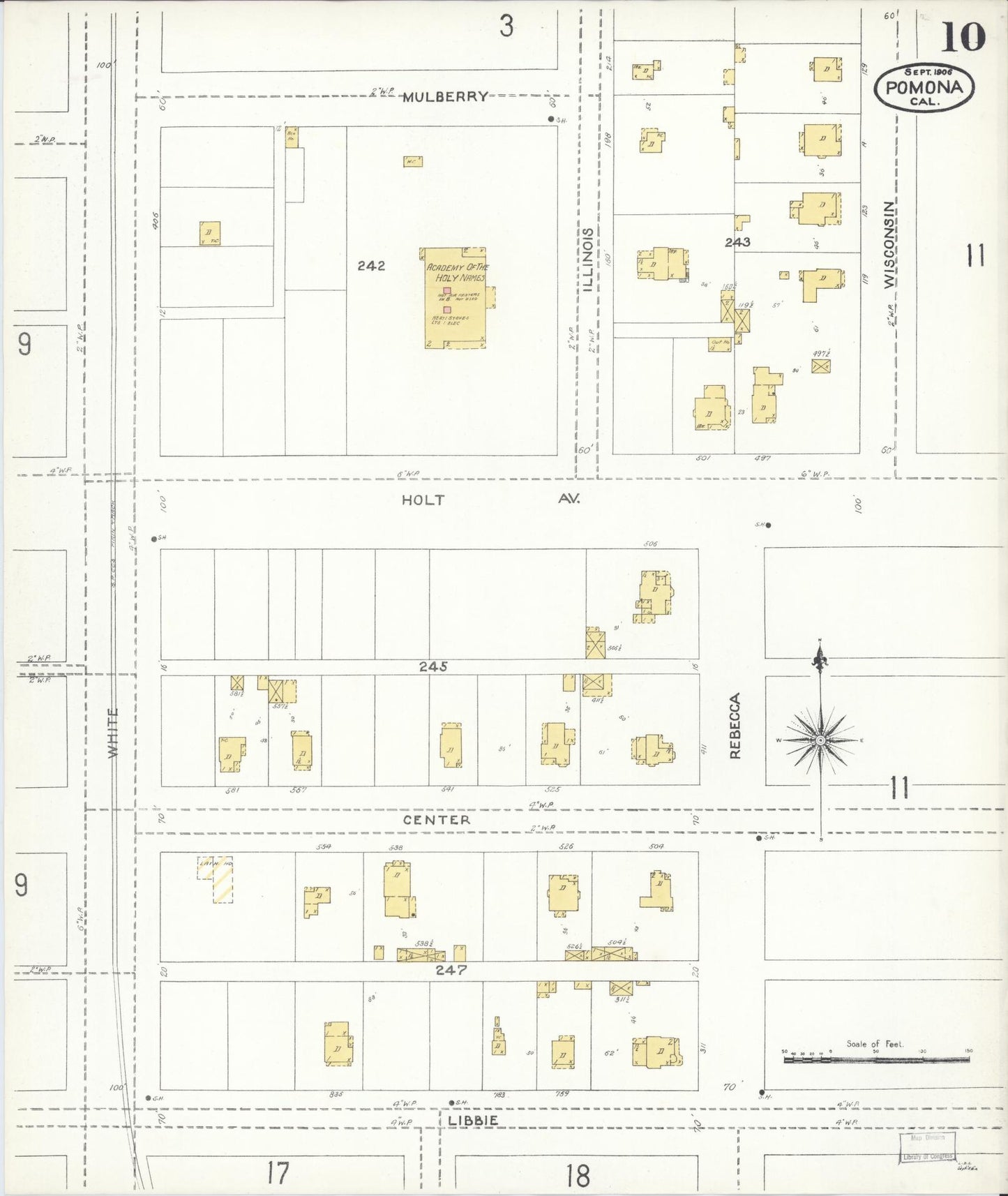 Sanborn Fire Insurance Map from Pomona, Los Angeles County, California (1906), Sheet #0010 - Complete Map Set gallery image, historic Sanborn map, vintage wall art, California California