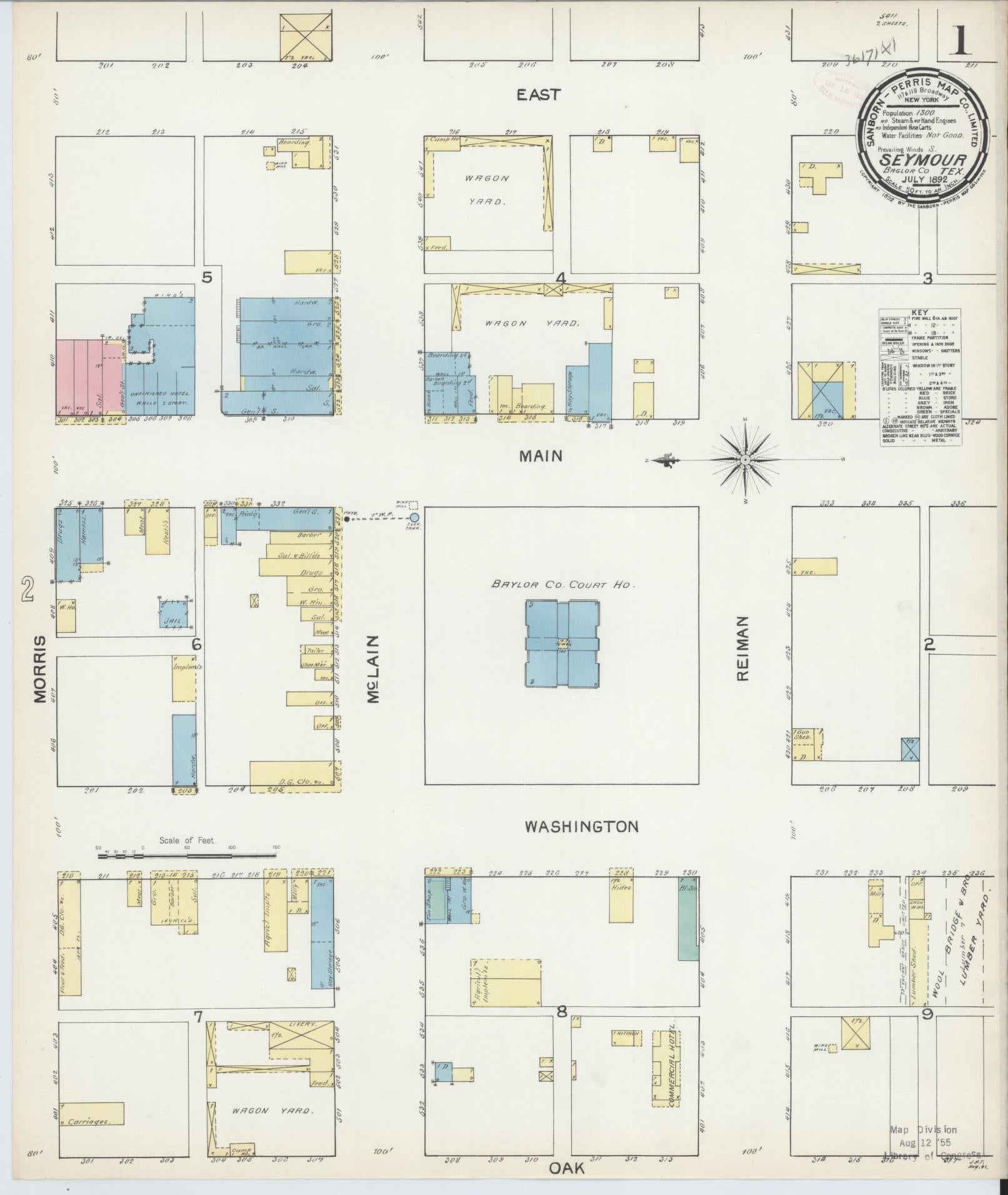 Sanborn Fire Insurance Map from Seymour, Baylor County, Texas (1892), Sheet #0001 - Complete Map Set gallery image, historic Sanborn map, vintage wall art, Texas Texas