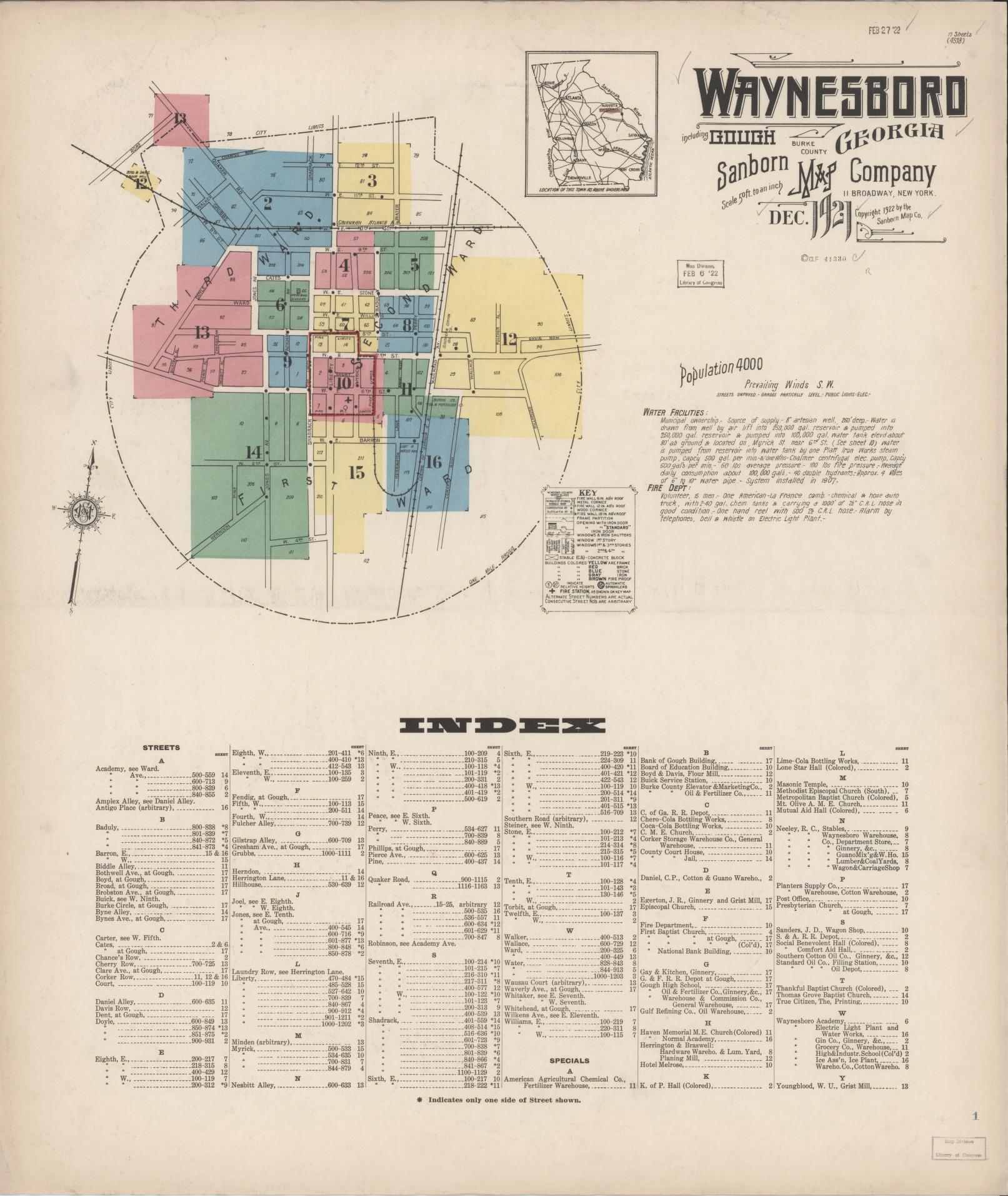Sanborn Fire Insurance Map from Waynesboro, Burke County, Georgia (1921), Sheet #0001 - Historic Sanborn Fire Insurance Map Print, vintage old map wall art, antique decor, genealogy gift, Georgia Georgia map