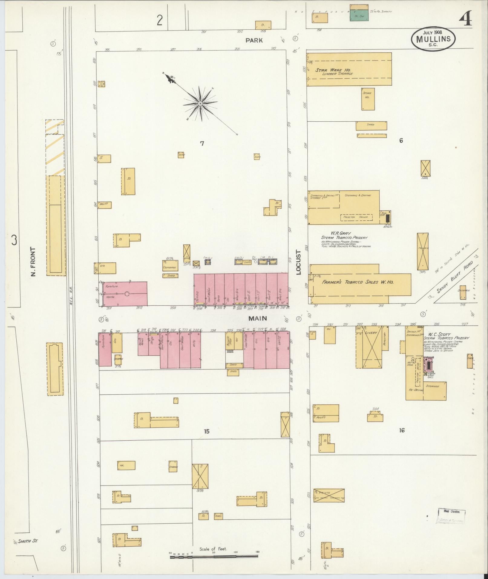 Sanborn Fire Insurance Map from Mullins, Marion County, South Carolina (1908), Sheet #0004 - Complete Map Set gallery image, historic Sanborn map, vintage wall art, South Carolina South Carolina