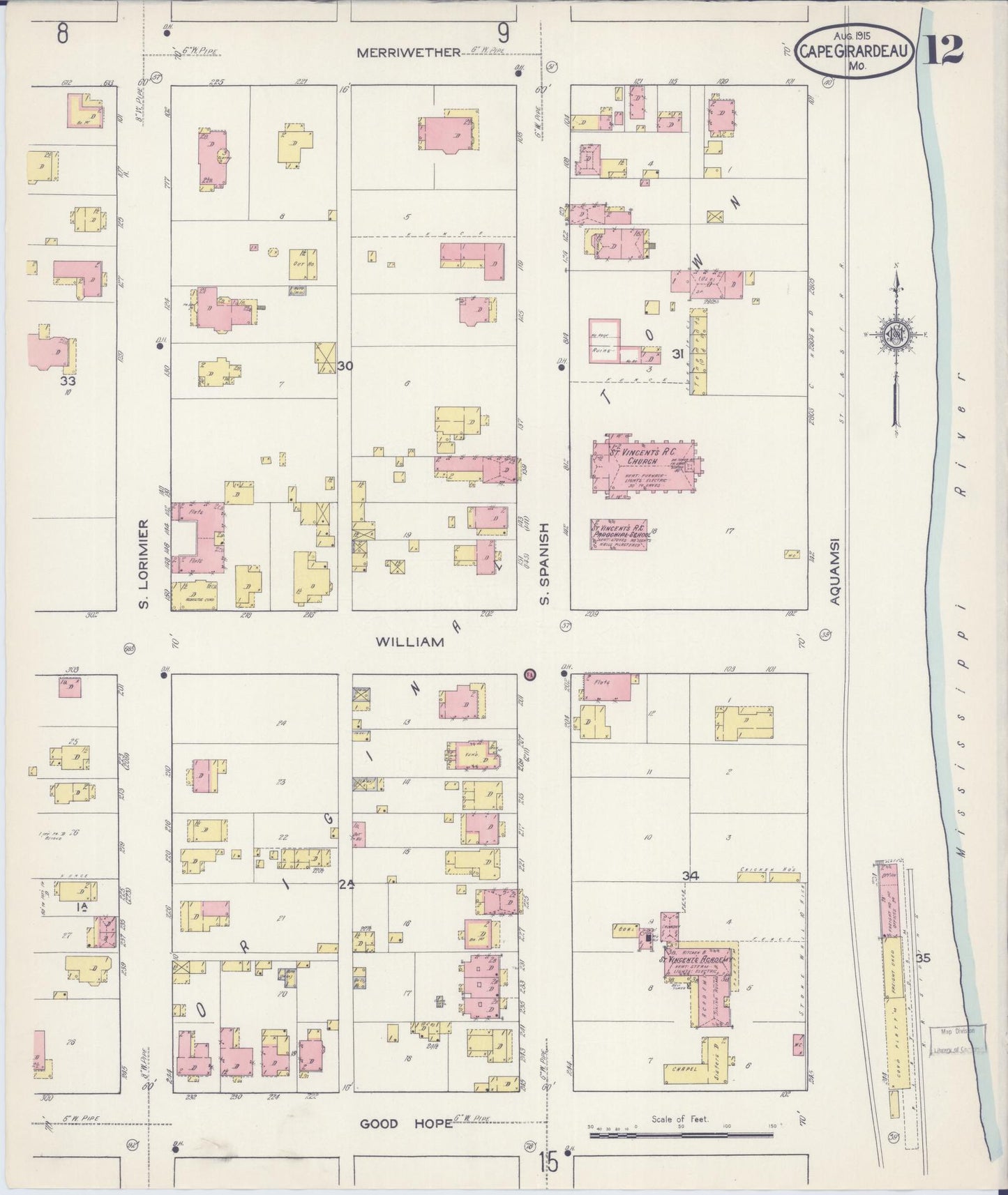 Sanborn Fire Insurance Map from Cape Girardeau, Cape Girardeau County, Missouri (1915), Sheet #0012 - Complete Map Set gallery image, historic Sanborn map, vintage wall art, Missouri Missouri