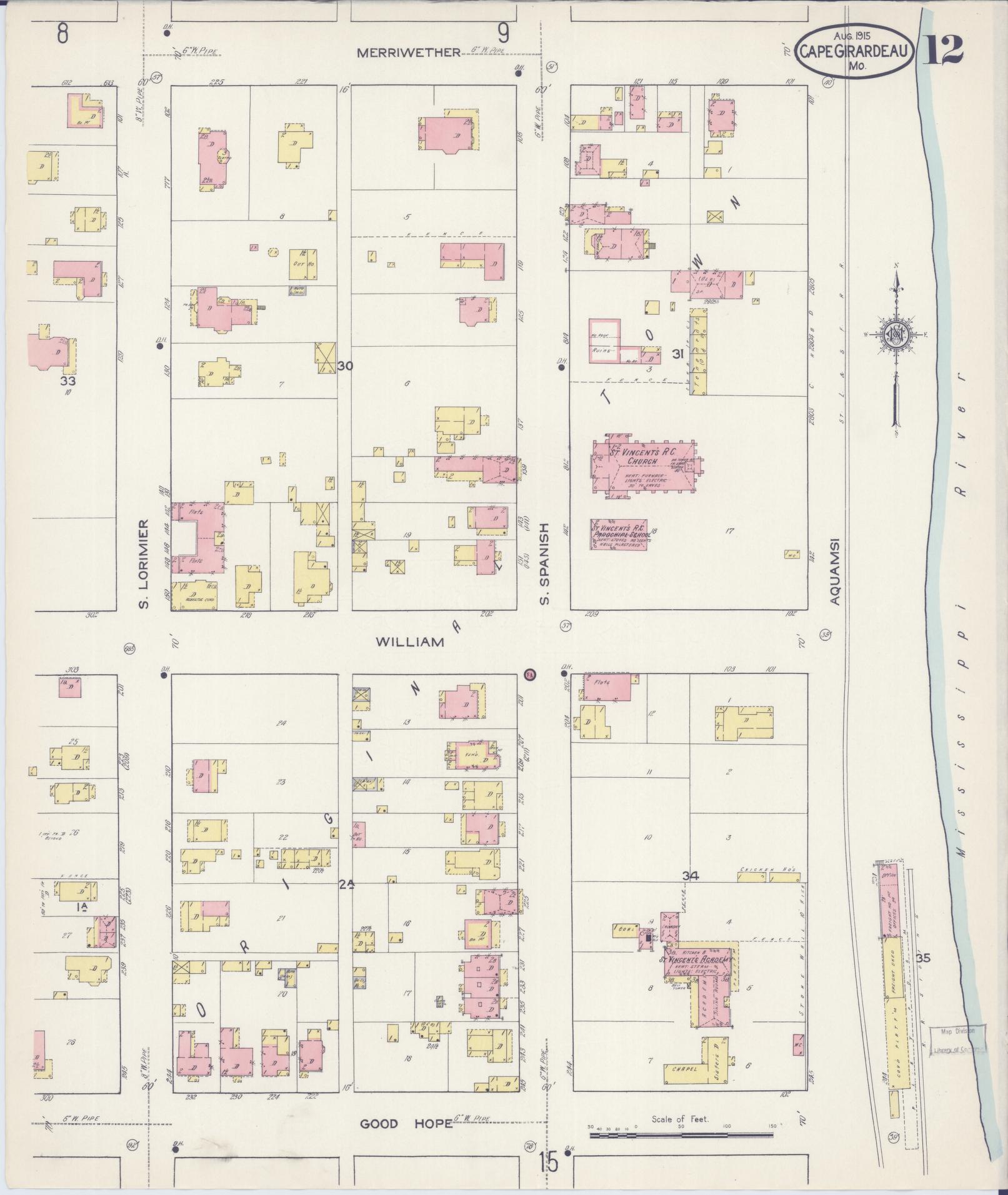 Sanborn Fire Insurance Map from Cape Girardeau, Cape Girardeau County, Missouri (1915), Sheet #0012 - Complete Map Set gallery image, historic Sanborn map, vintage wall art, Missouri Missouri