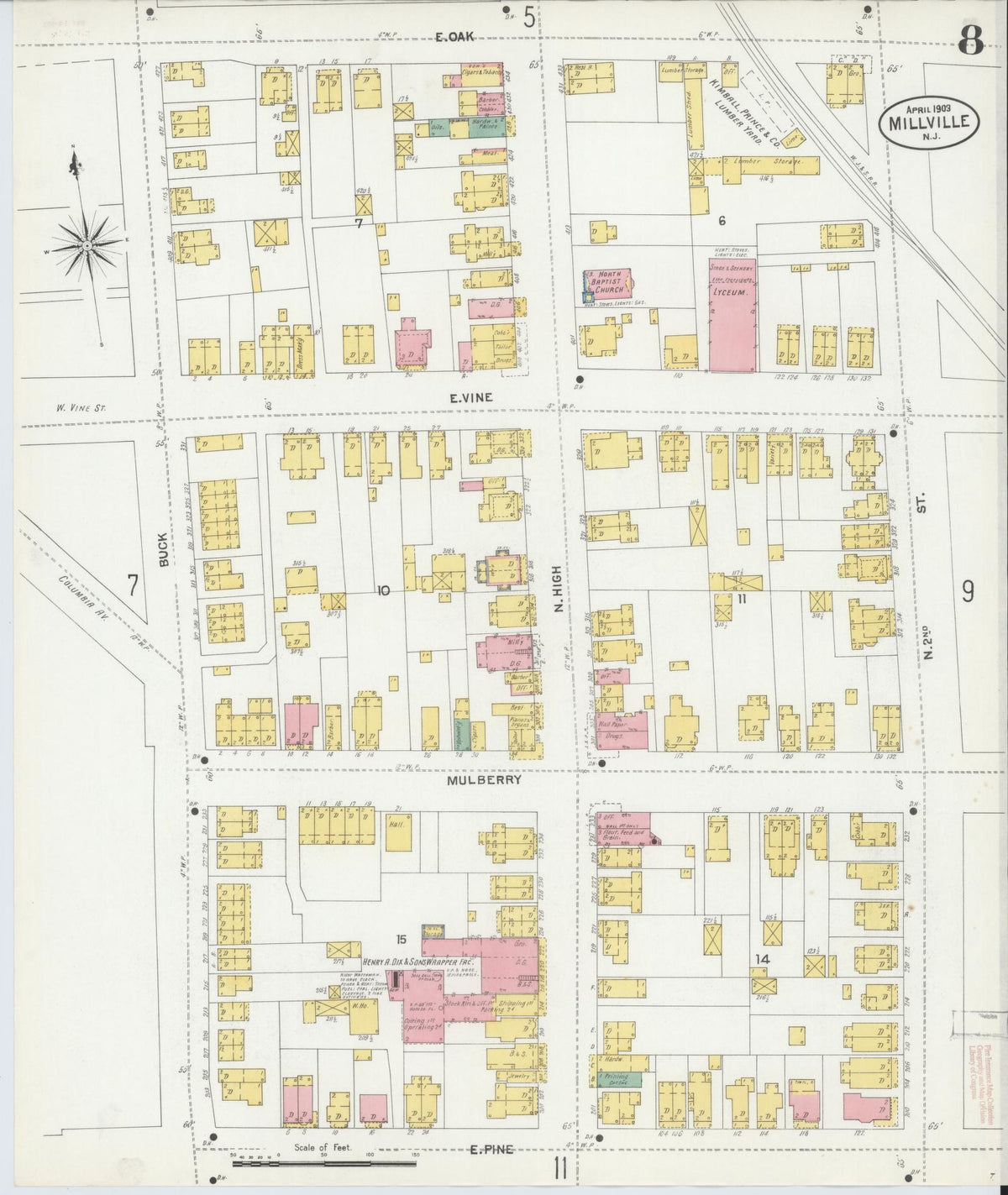 Sanborn Fire Insurance Map from Millville, Cumberland County, New Jersey (1903), Sheet #0008 - Historic Sanborn Fire Insurance Map Print, vintage old map wall art, antique decor, genealogy gift, New Jersey New Jersey map
