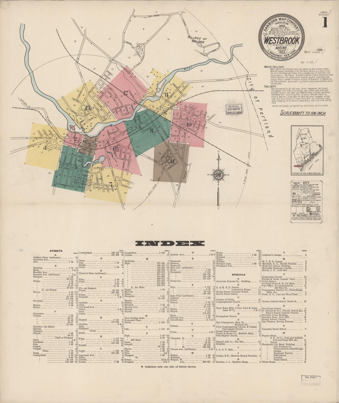 Sanborn Fire Insurance Map from Westbrook, Cumberland County, Maine (1922), Sheet #0001 - Complete Map Set gallery image, historic Sanborn map, vintage wall art, Maine Maine