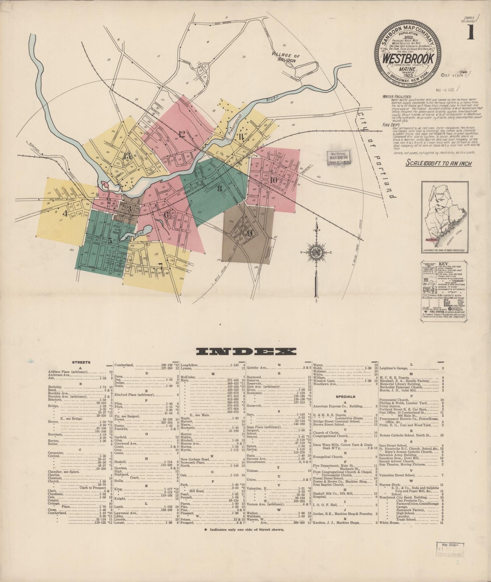 Sanborn Fire Insurance Map from Westbrook, Cumberland County, Maine (1922), Sheet #0001 - Complete Map Set gallery image, historic Sanborn map, vintage wall art, Maine Maine