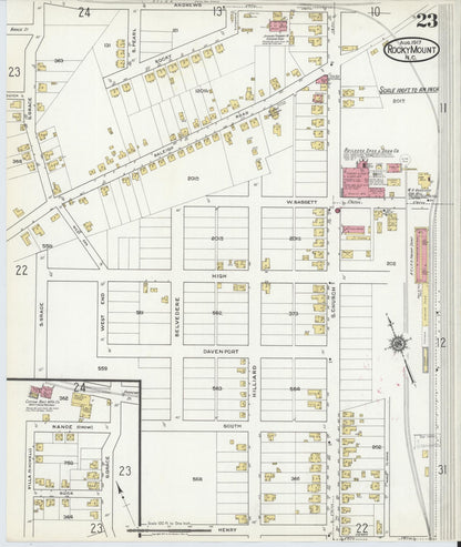 Sanborn Fire Insurance Map from Rocky Mount, Edgecombe And Nash Counties, North Carolina (1917), Sheet #0023 - Historic Sanborn Fire Insurance Map Print, vintage old map wall art, antique decor, genealogy gift, North Carolina North Carolina map
