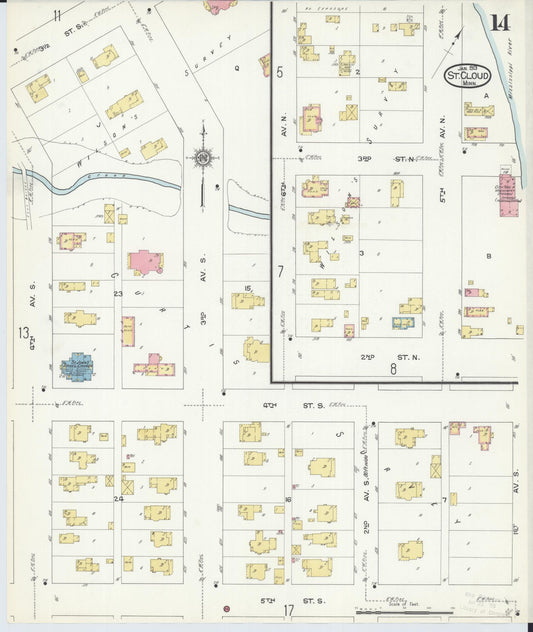 Sanborn Fire Insurance Map from Saint Cloud, Stearns, Benton, and Sherburne Counties, Minnesota (1913), Sheet #0014 - Historic Sanborn Fire Insurance Map Print, vintage old map wall art, antique decor, genealogy gift, Minnesota Minnesota map