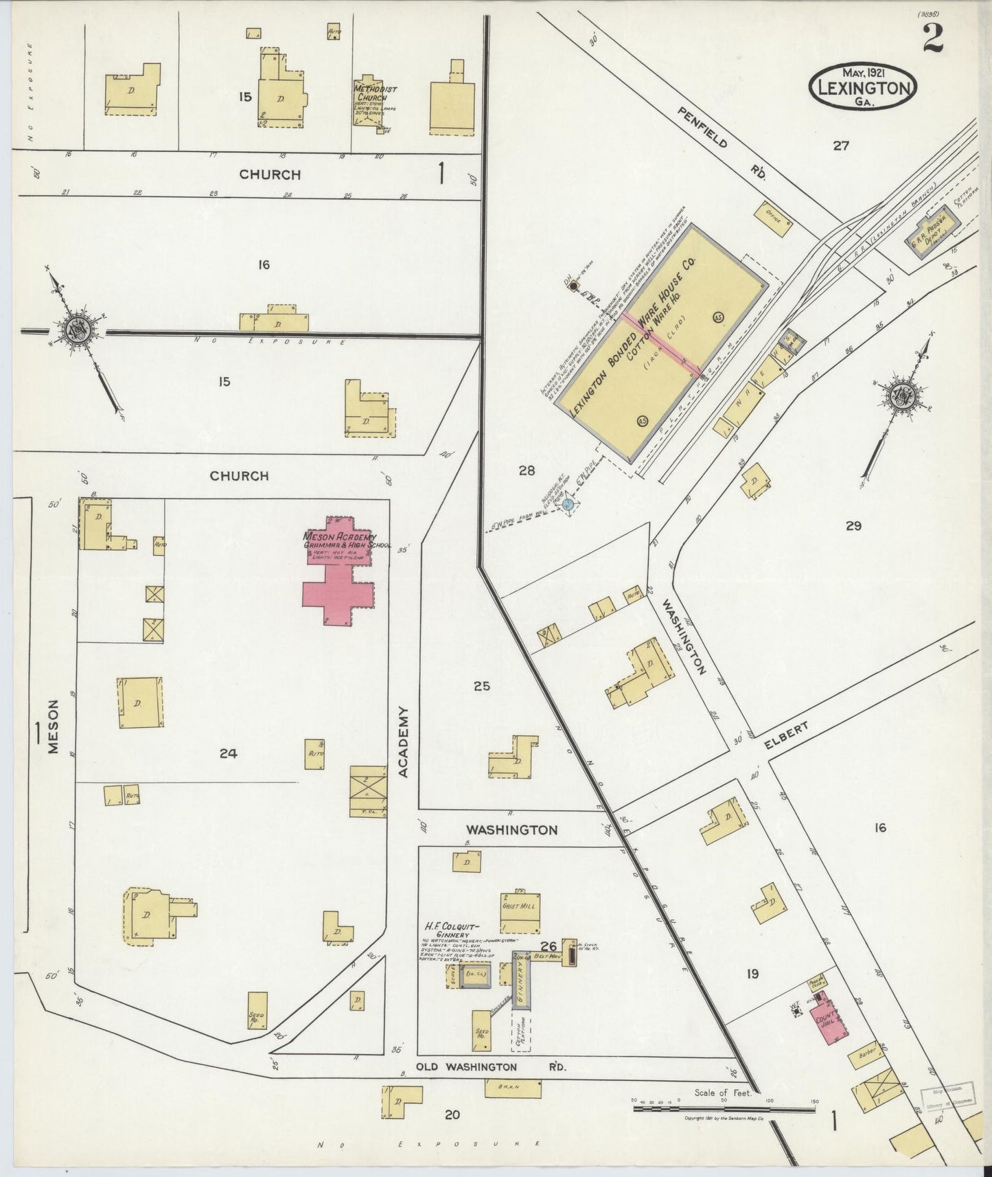 Sanborn Fire Insurance Map from Lexington, Oglethorpe County, Georgia (1921), Sheet #0002 - Historic Sanborn Fire Insurance Map Print, vintage old map wall art, antique decor, genealogy gift, Georgia Georgia map