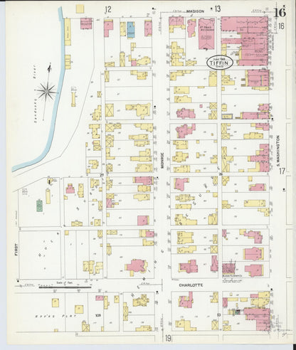 Sanborn Fire Insurance Map from Tiffin, Seneca County, Ohio (1908), Sheet #0016 - Historic Sanborn Fire Insurance Map Print, vintage old map wall art, antique decor, genealogy gift, Ohio Ohio map