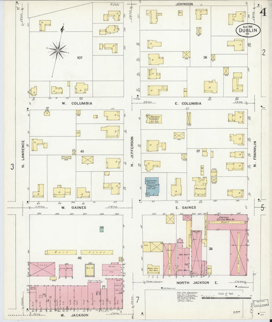 Sanborn Fire Insurance Map from Dublin, Laurens County, Georgia (1908), Sheet #0004 - Historic Sanborn Fire Insurance Map Print, vintage old map wall art, antique decor, genealogy gift, Georgia Georgia map