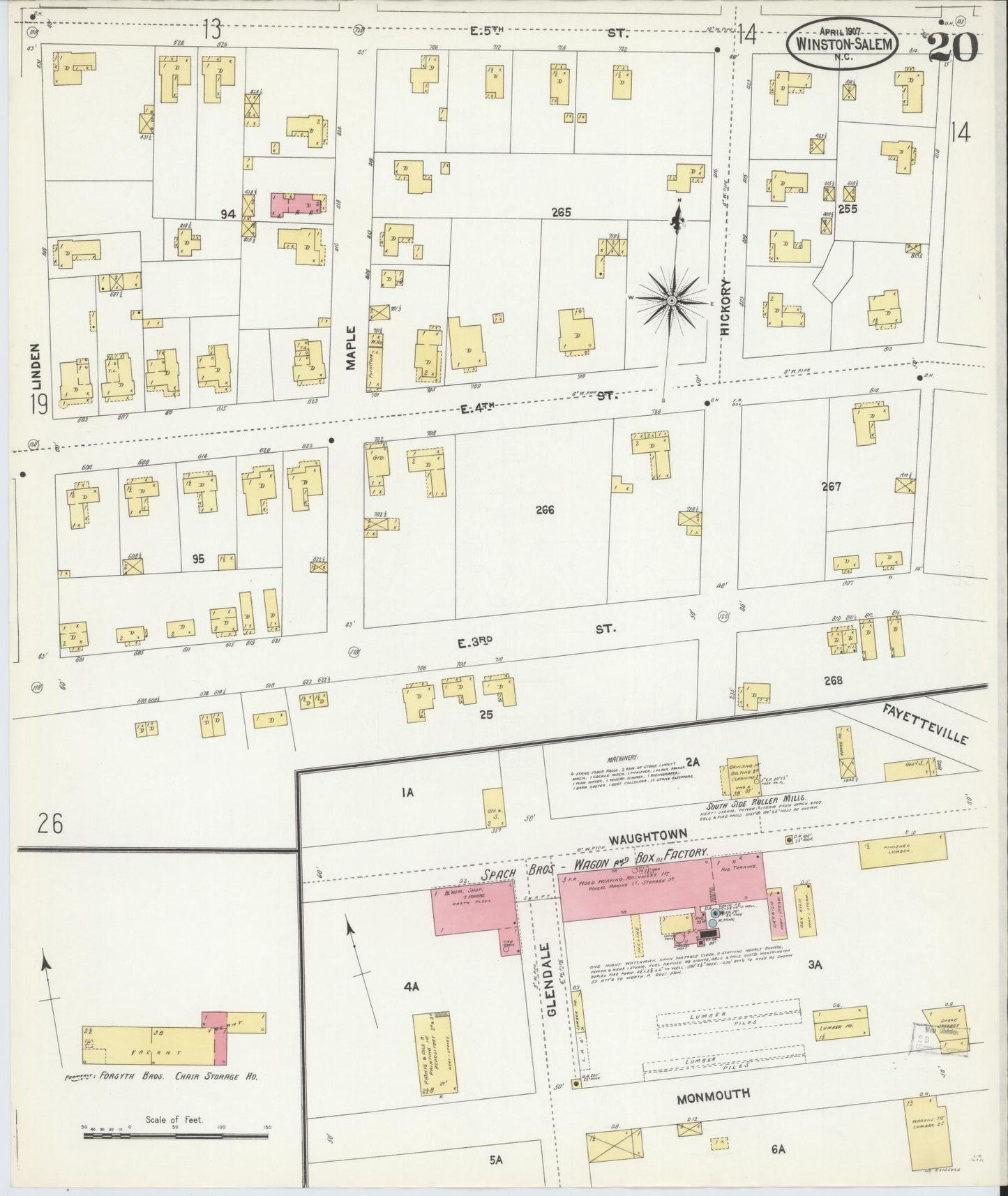 Sanborn Fire Insurance Map from Winston-Salem, Forsyth County, North Carolina (1907), Sheet #0020 - Historic Sanborn Fire Insurance Map Print, vintage old map wall art, antique decor, genealogy gift, North Carolina North Carolina map