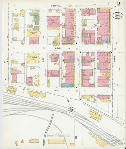 Sanborn Fire Insurance Map from Temple, Bell County, Texas (1900), Sheet #0002 - Complete Map Set gallery image, historic Sanborn map, vintage wall art, Texas Texas