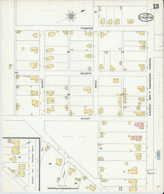 Sanborn Fire Insurance Map from Staunton, Independent Cities, Virginia (1904), Sheet #0013 - Historic Sanborn Fire Insurance Map Print, vintage old map wall art, antique decor, genealogy gift, Virginia Virginia map