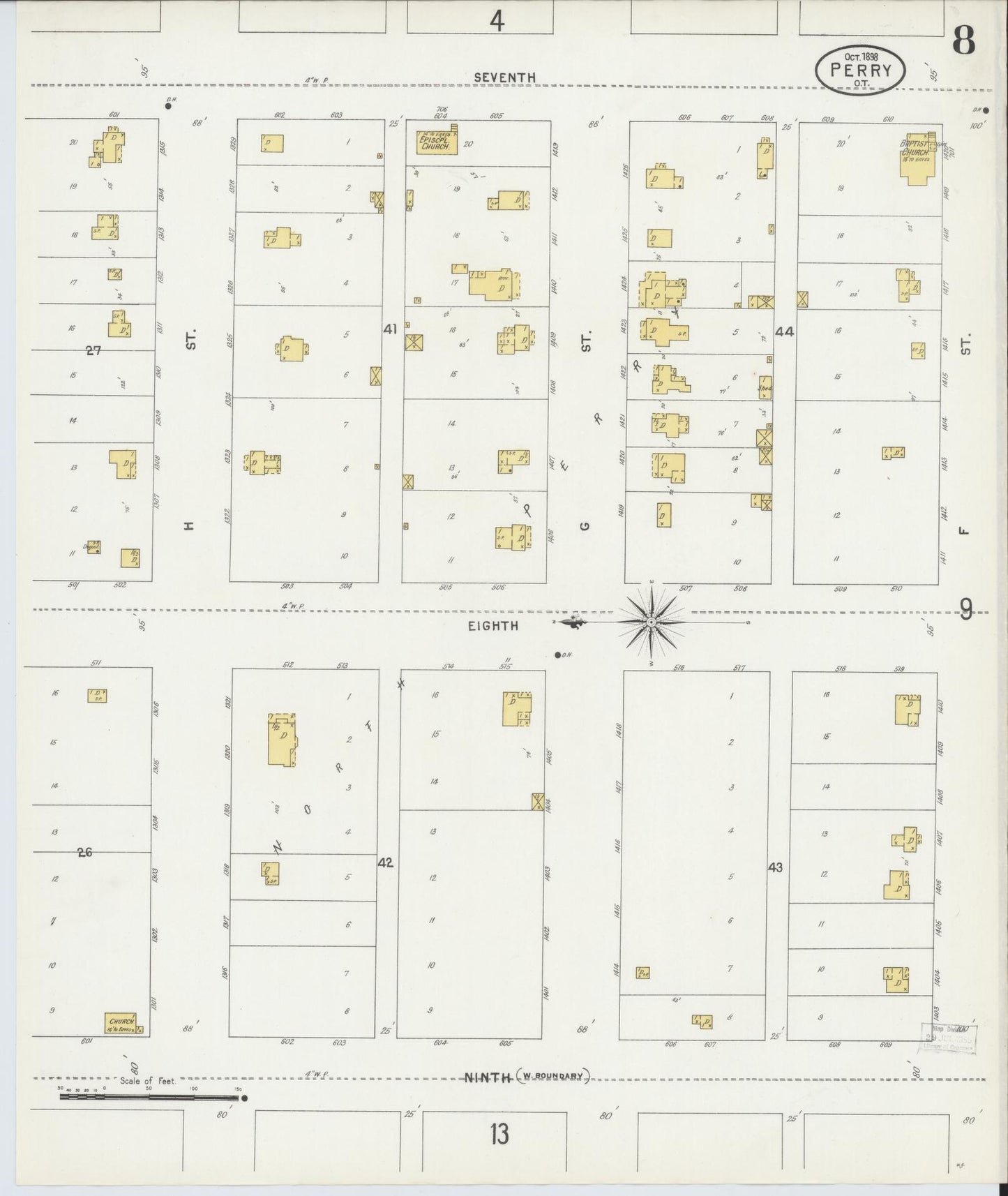 Sanborn Fire Insurance Map from Perry, Noble County, Oklahoma (1898), Sheet #0008 - Complete Map Set gallery image, historic Sanborn map, vintage wall art, Oklahoma Oklahoma
