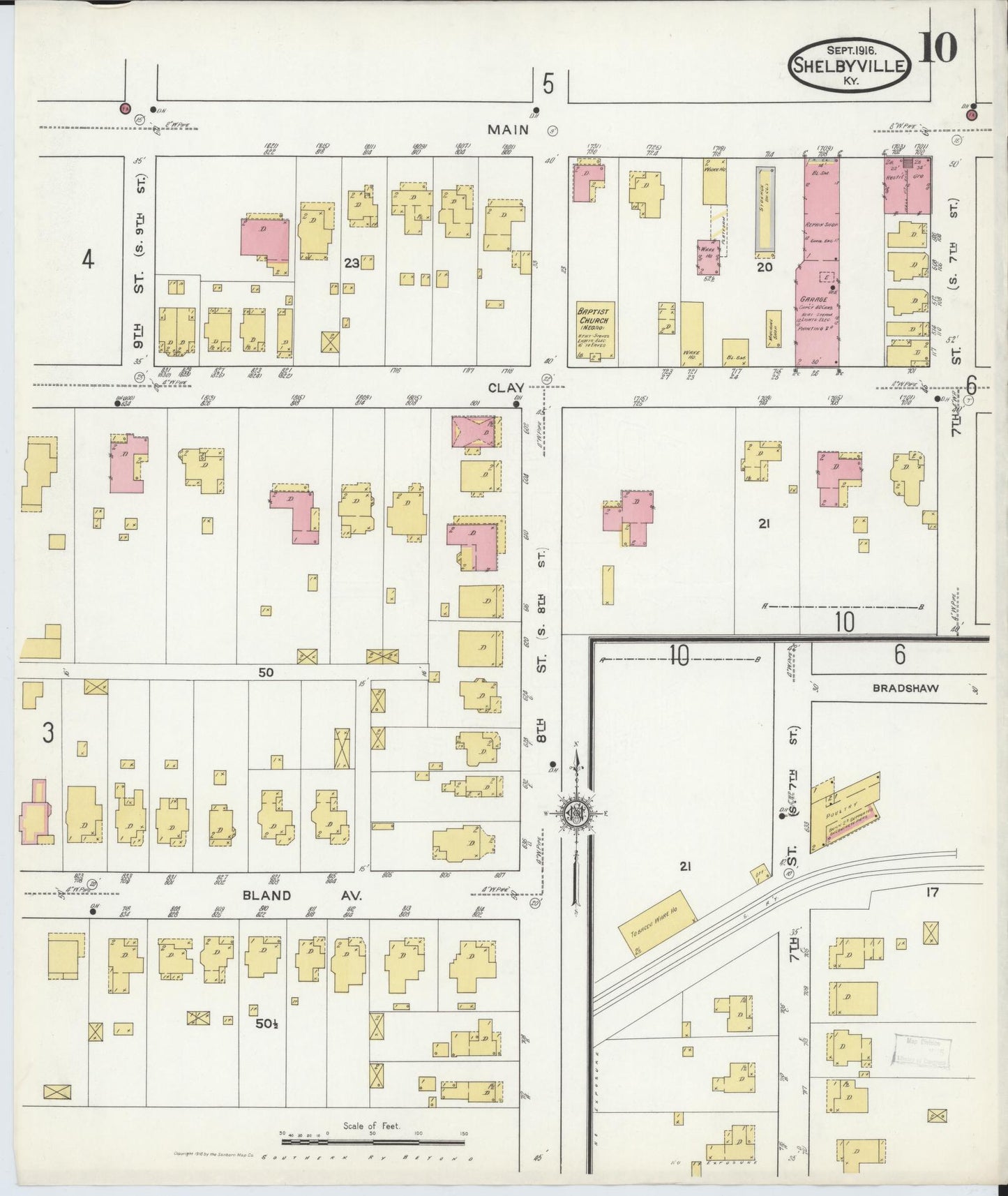 Sanborn Fire Insurance Map from Shelbyville, Shelby County, Kentucky (1916), Sheet #0010 - Historic Sanborn Fire Insurance Map Print, vintage old map wall art, antique decor, genealogy gift, Kentucky Kentucky map