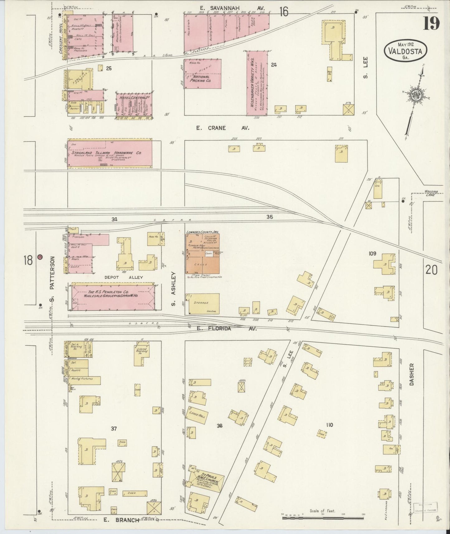 Sanborn Fire Insurance Map from Valdosta, Lowndes County, Georgia (1912), Sheet #0019 - Complete Map Set gallery image, historic Sanborn map, vintage wall art, Georgia Georgia