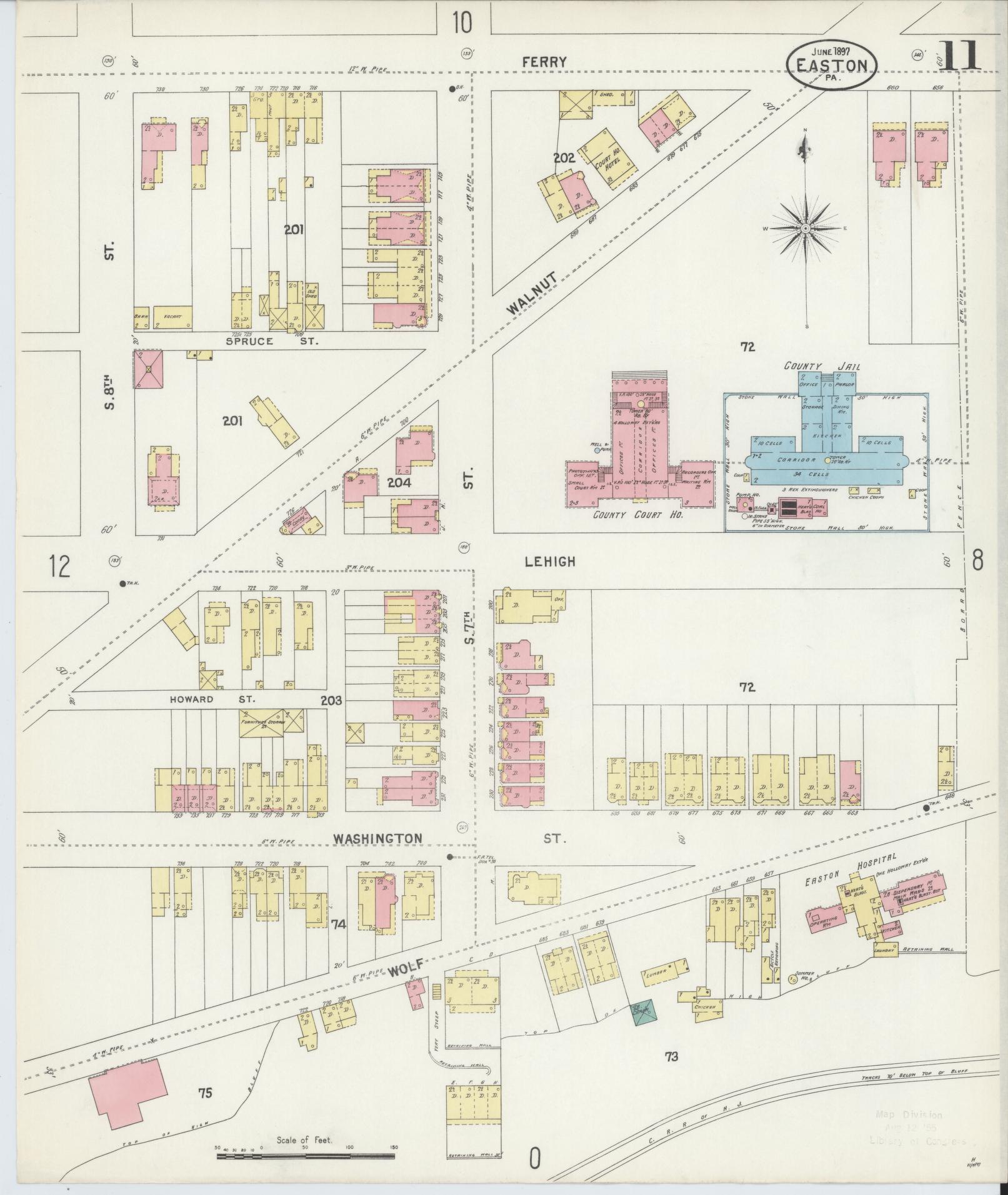 Sanborn Fire Insurance Map from Easton, Northampton County, Pennsylvania (1897), Sheet #0011 - Historic Sanborn Fire Insurance Map Print, vintage old map wall art, antique decor, genealogy gift, Pennsylvania Pennsylvania map