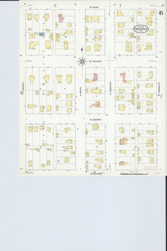 Sanborn Fire Insurance Map from Rochester, Olmsted County, Minnesota (1909), Sheet #0006 - Historic Sanborn Fire Insurance Map Print, vintage old map wall art, antique decor, genealogy gift, Minnesota Minnesota map