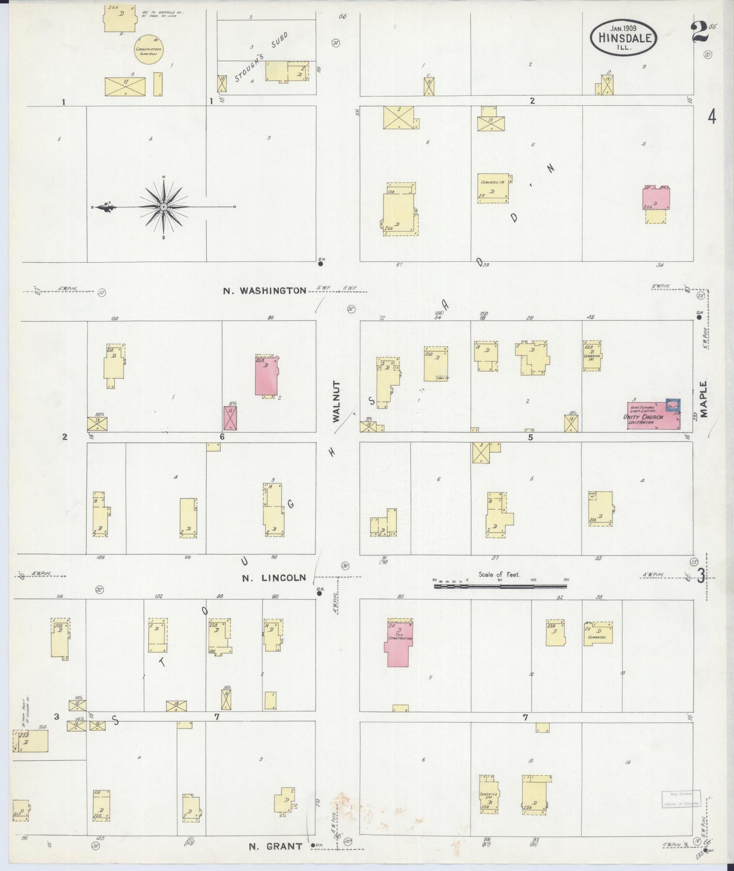 Sanborn Fire Insurance Map from Hinsdale, Du Page And Cook Counties, Illinois (1909), Sheet #0002 - Historic Sanborn Fire Insurance Map Print, vintage old map wall art, antique decor, genealogy gift, Illinois Illinois map