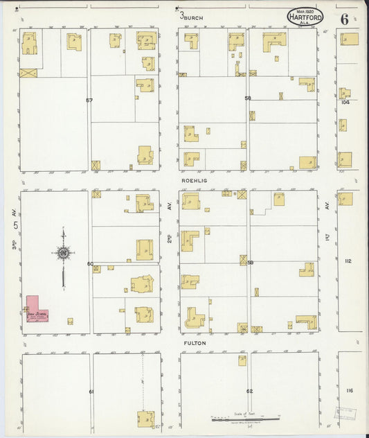 Sanborn Fire Insurance Map from Hartford, Geneva County, Alabama (1920), Sheet #0006 - Historic Sanborn Fire Insurance Map Print, vintage old map wall art, antique decor, genealogy gift, Alabama Alabama map