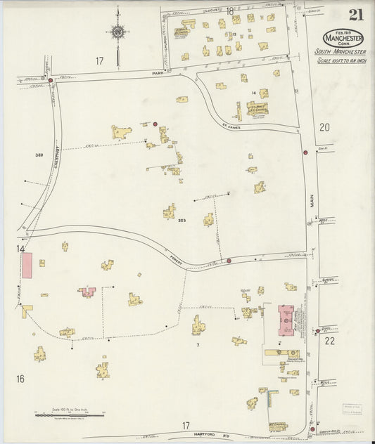 Sanborn Fire Insurance Map from Manchester, Hartford County, Connecticut (1919), Sheet #0021 - Historic Sanborn Fire Insurance Map Print, vintage old map wall art, antique decor, genealogy gift, Connecticut Connecticut map