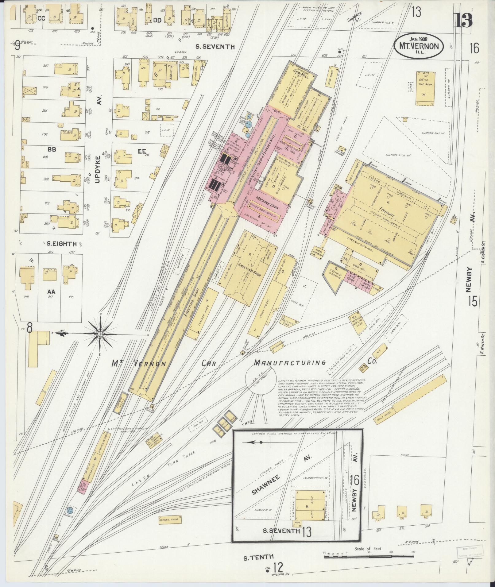 Sanborn Fire Insurance Map from Mount Vernon, Jefferson County, Illinois (1908), Sheet #0013 - Complete Map Set gallery image, historic Sanborn map, vintage wall art, Illinois Illinois