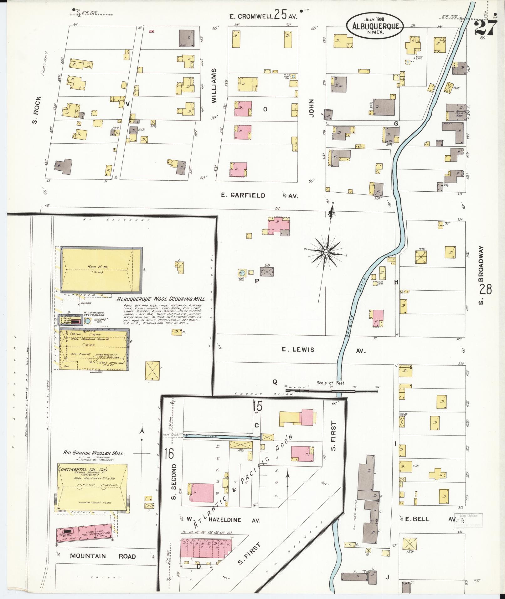 Sanborn Fire Insurance Map from Albuquerque, Bernalillo County, New Mexico (1908), Sheet #0027 - Historic Sanborn Fire Insurance Map Print, vintage old map wall art, antique decor, genealogy gift, New Mexico New Mexico map