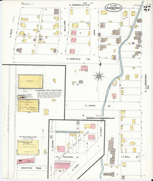 Sanborn Fire Insurance Map from Albuquerque, Bernalillo County, New Mexico (1908), Sheet #0027 - Historic Sanborn Fire Insurance Map Print, vintage old map wall art, antique decor, genealogy gift, New Mexico New Mexico map