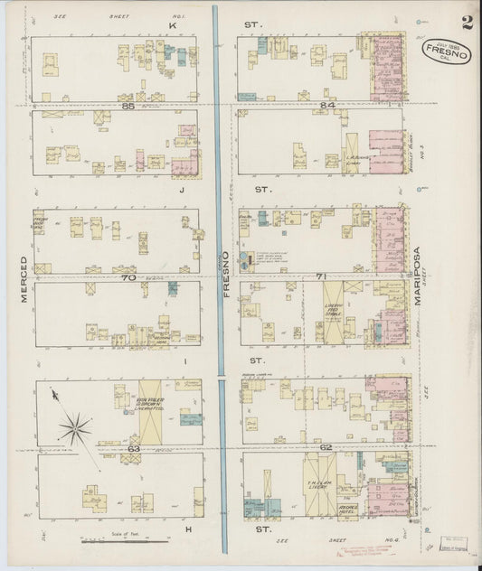 Sanborn Fire Insurance Map from Fresno, Fresno County, California (1885), Sheet #0002 - Historic Sanborn Fire Insurance Map Print, vintage old map wall art, antique decor, genealogy gift, California California map