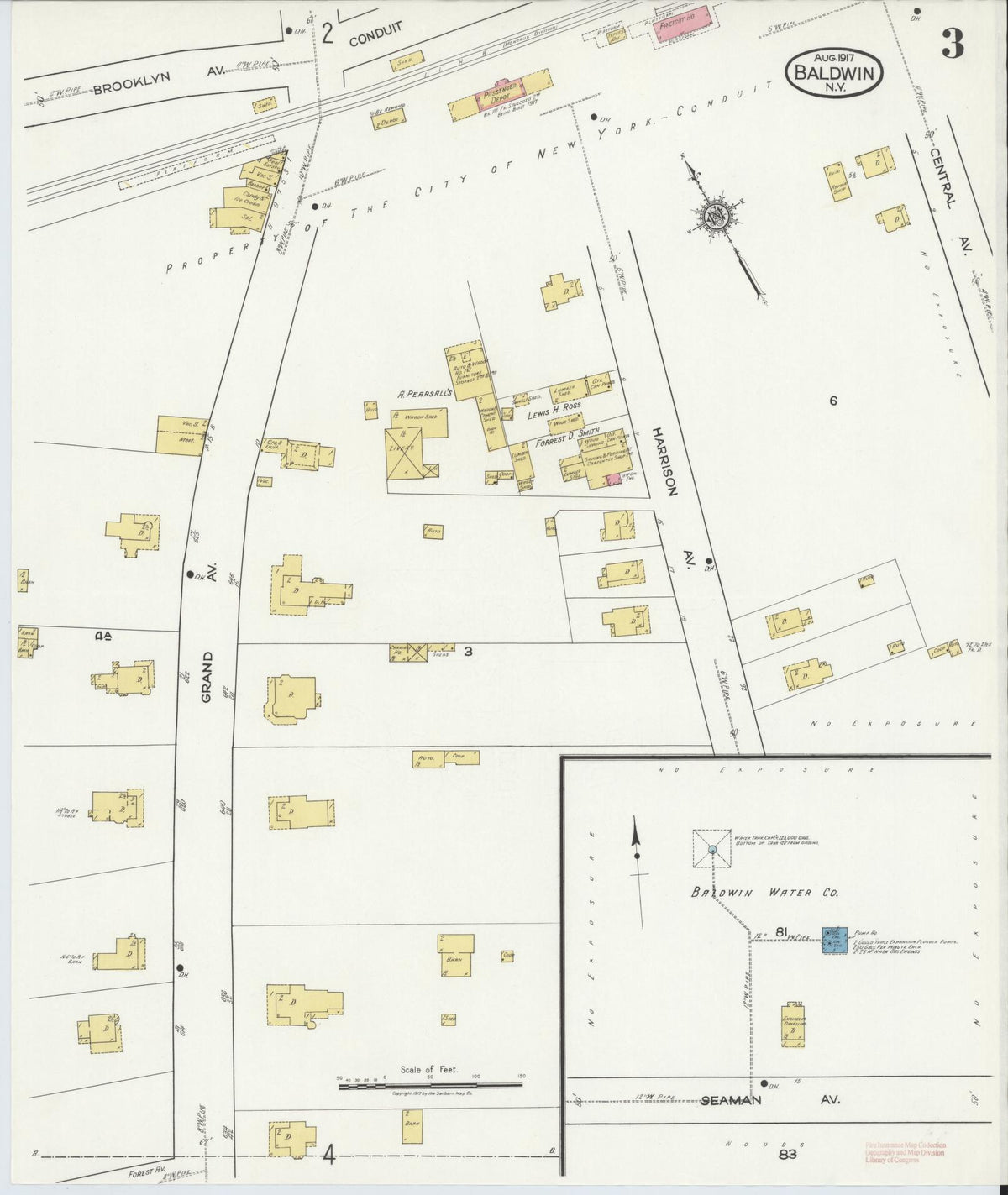 Sanborn Fire Insurance Map from Baldwin, Nassau County, New York (1917), Sheet #0003 - Historic Sanborn Fire Insurance Map Print, vintage old map wall art, antique decor, genealogy gift, New York New York map