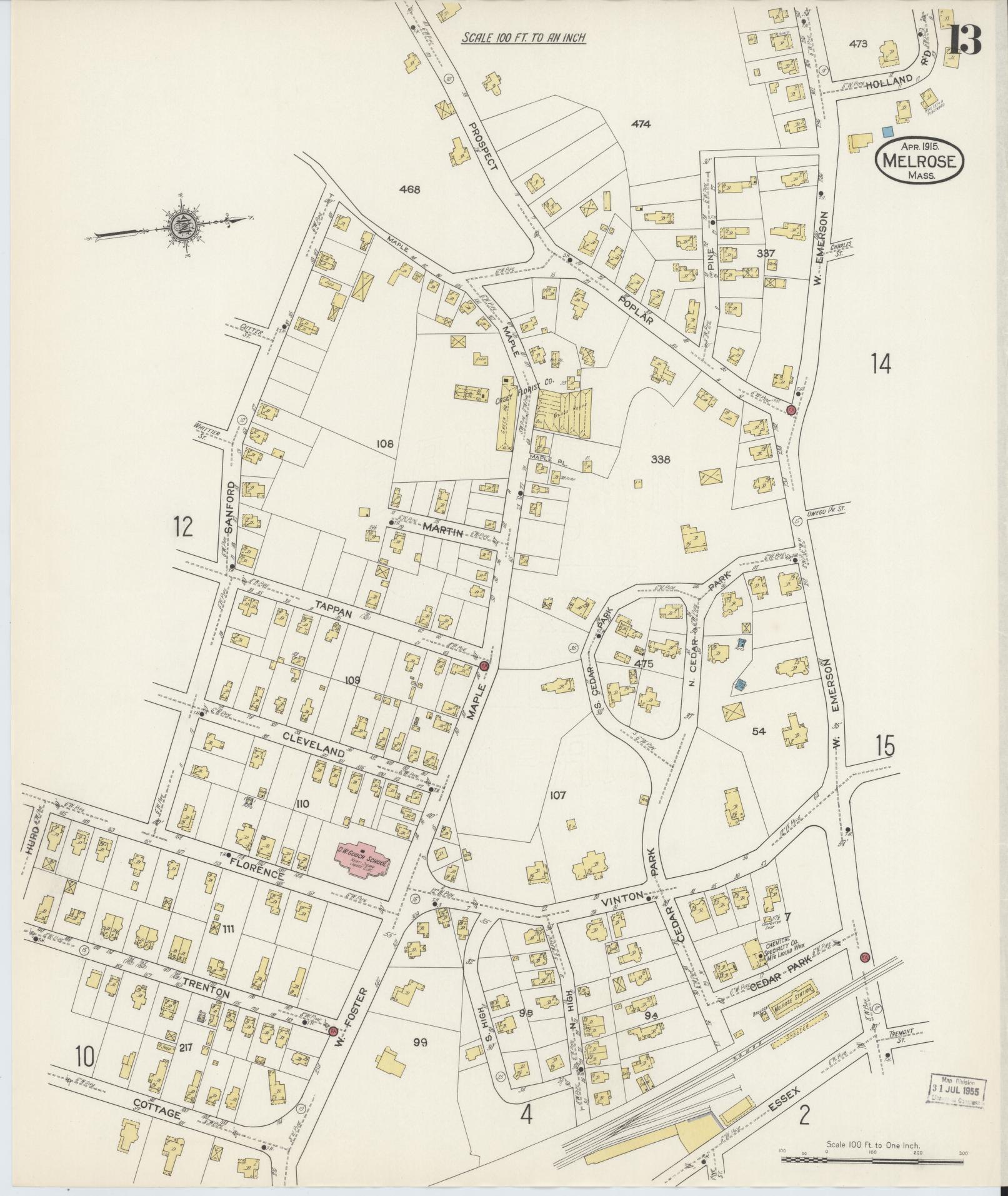 Sanborn Fire Insurance Map from Melrose, Middlesex County, Massachusetts (1915), Sheet #0013 - Complete Map Set gallery image, historic Sanborn map, vintage wall art, Massachusetts Massachusetts