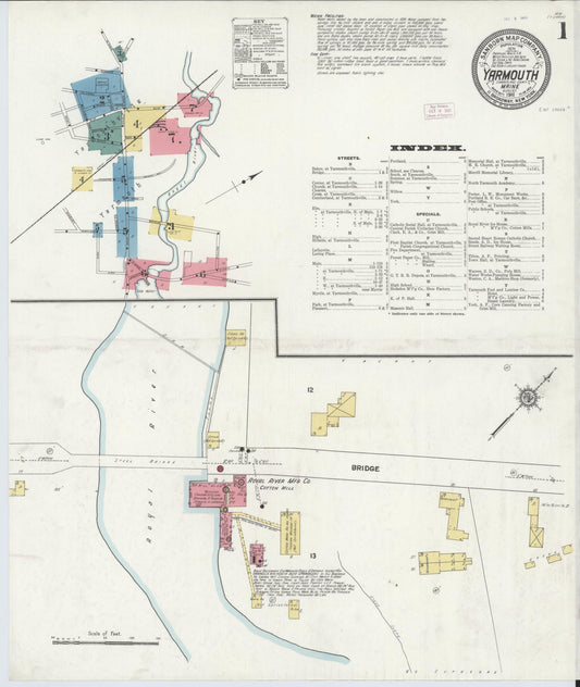 Sanborn Fire Insurance Map from Yarmouth, Cumberland County, Maine (1911), Sheet #0001 - Historic Sanborn Fire Insurance Map Print, vintage old map wall art, antique decor, genealogy gift, Maine Maine map