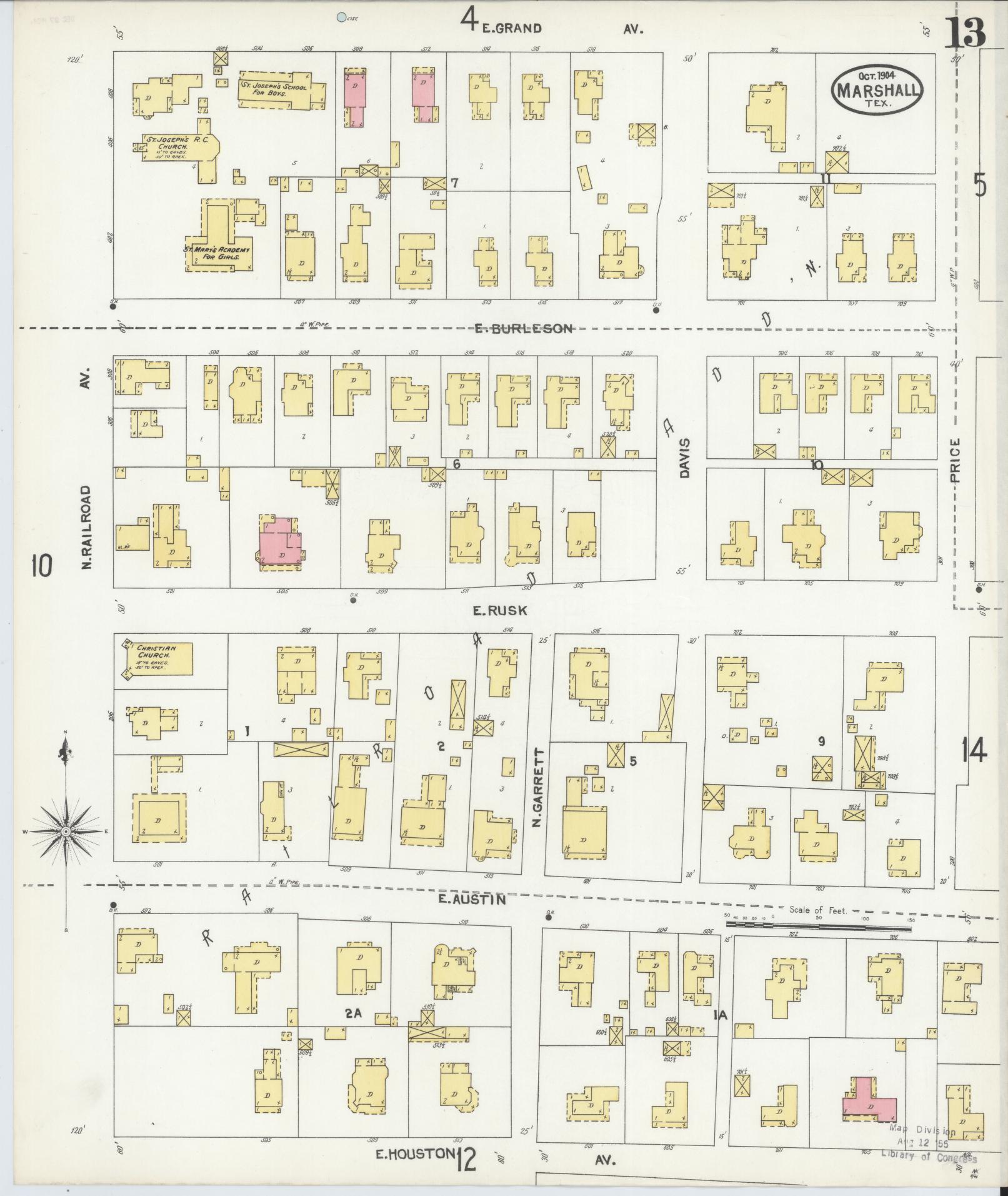 Sanborn Fire Insurance Map from Marshall, Harrison County, Texas (1904), Sheet #0013 - Complete Map Set gallery image, historic Sanborn map, vintage wall art, Texas Texas