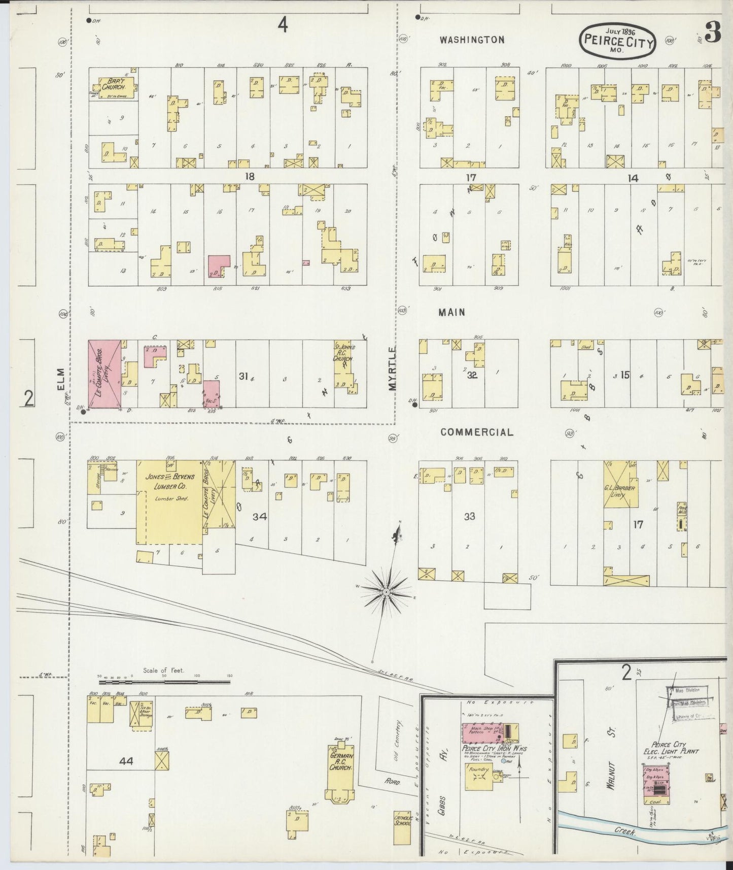 Sanborn Fire Insurance Map from Pierce City, Lawrence County, Missouri (1896), Sheet #0003 - Historic Sanborn Fire Insurance Map Print, vintage old map wall art, antique decor, genealogy gift, Missouri Missouri map