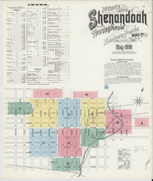 Sanborn Fire Insurance Map from Shenandoah, Schuylkill County, Pennsylvania (1896), Sheet #0001 - Historic Sanborn Fire Insurance Map Print, vintage old map wall art, antique decor, genealogy gift, Pennsylvania Pennsylvania map