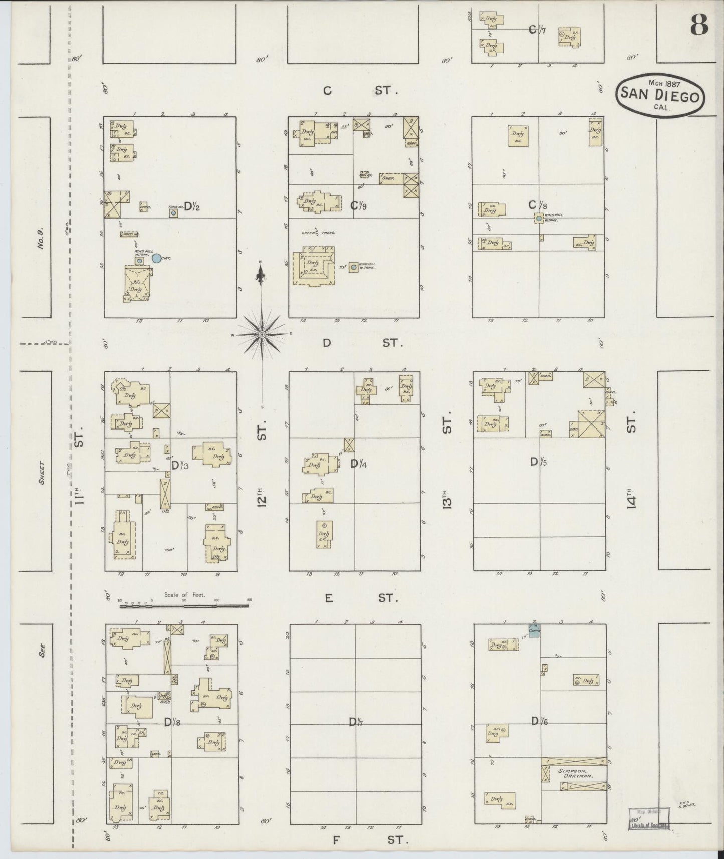 Sanborn Fire Insurance Map from San Diego, San Diego County, California (1887), Sheet #0008 - Complete Map Set gallery image, historic Sanborn map, vintage wall art, California California