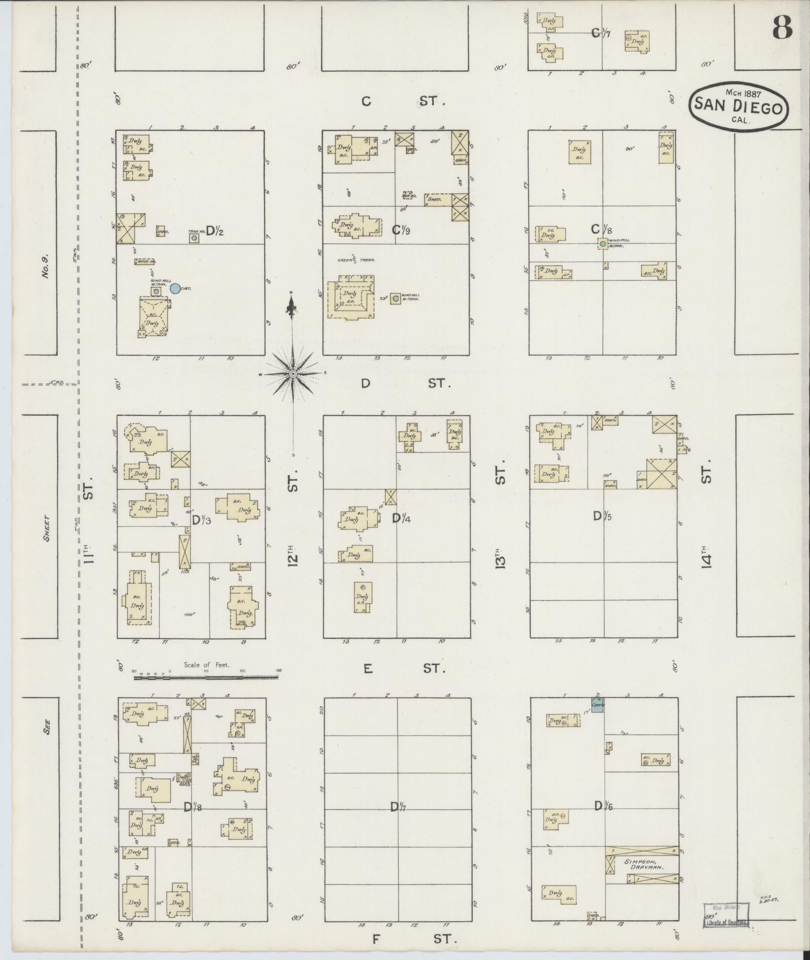 Sanborn Fire Insurance Map from San Diego, San Diego County, California (1887), Sheet #0008 - Complete Map Set gallery image, historic Sanborn map, vintage wall art, California California