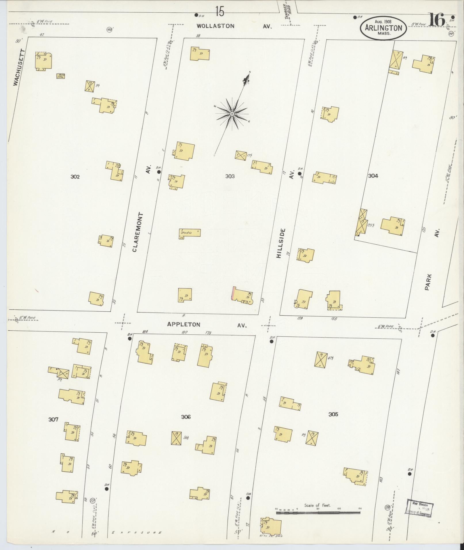 Sanborn Fire Insurance Map from Arlington, Middlesex County, Massachusetts (1908), Sheet #0016 - Complete Map Set gallery image, historic Sanborn map, vintage wall art, Massachusetts Massachusetts