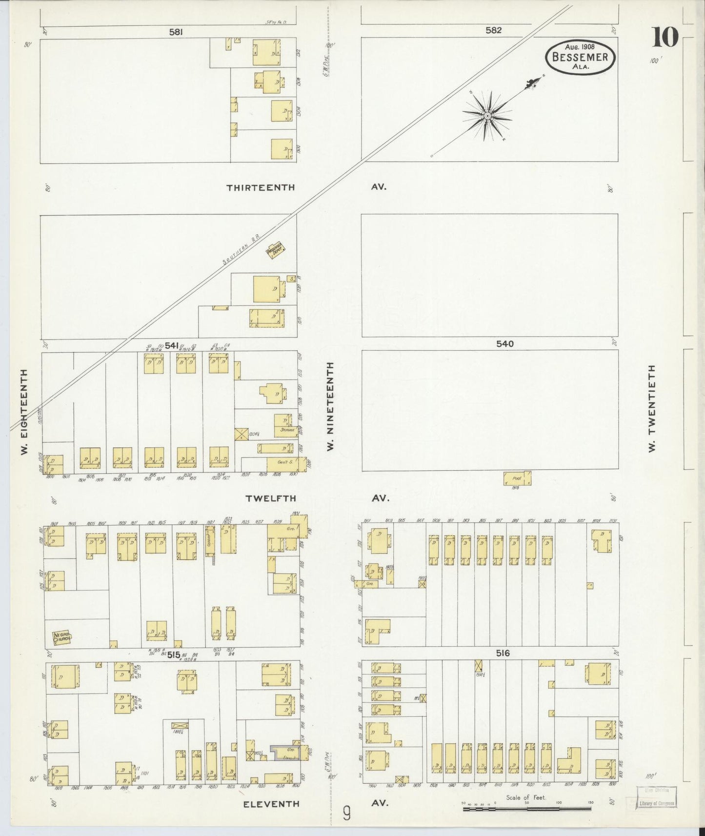 Sanborn Fire Insurance Map from Bessemer, Jefferson County, Alabama (1908), Sheet #0010 - Historic Sanborn Fire Insurance Map Print, vintage old map wall art, antique decor, genealogy gift, Alabama Alabama map