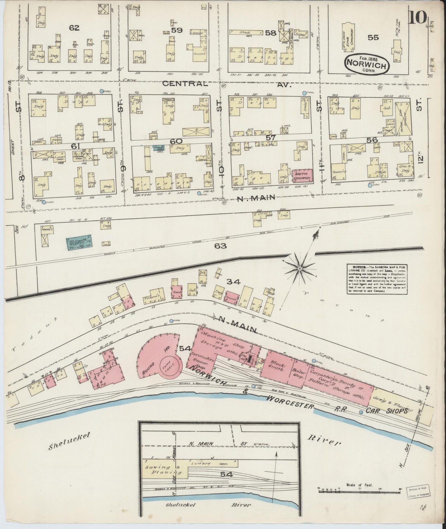 Sanborn Fire Insurance Map from Norwich, New London County, Connecticut (1885), Sheet #0010 - Complete Map Set gallery image, historic Sanborn map, vintage wall art, Connecticut Connecticut