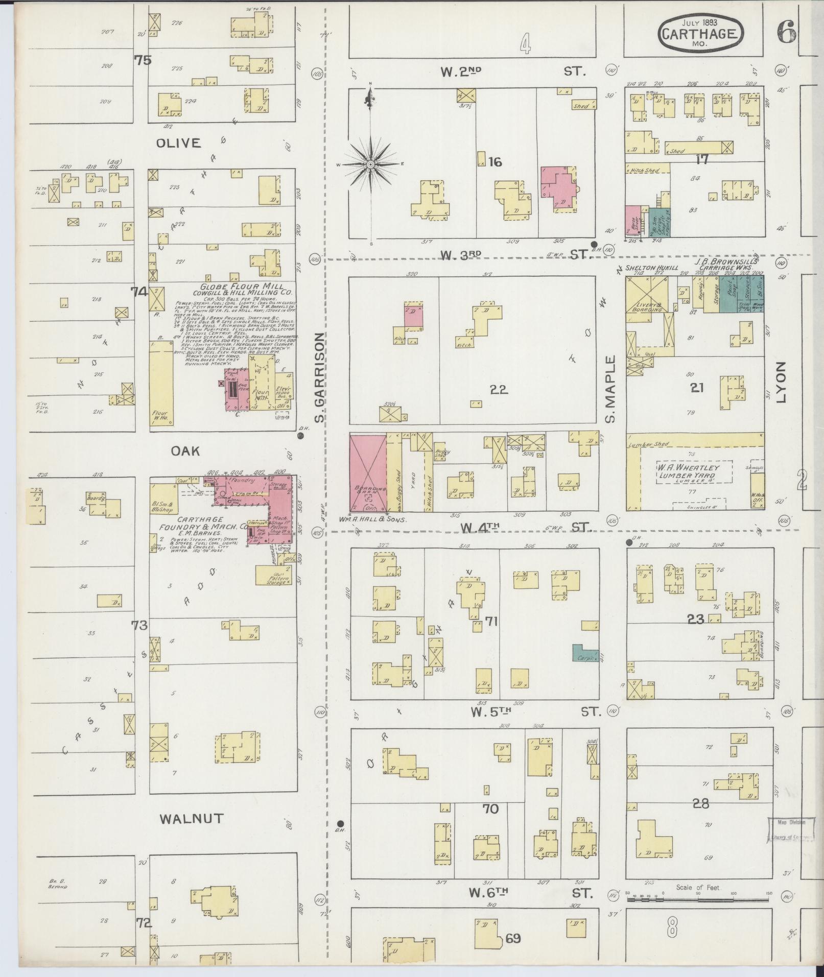 Sanborn Fire Insurance Map from Carthage, Jasper County, Missouri (1893), Sheet #0006 - Historic Sanborn Fire Insurance Map Print, vintage old map wall art, antique decor, genealogy gift, Missouri Missouri map