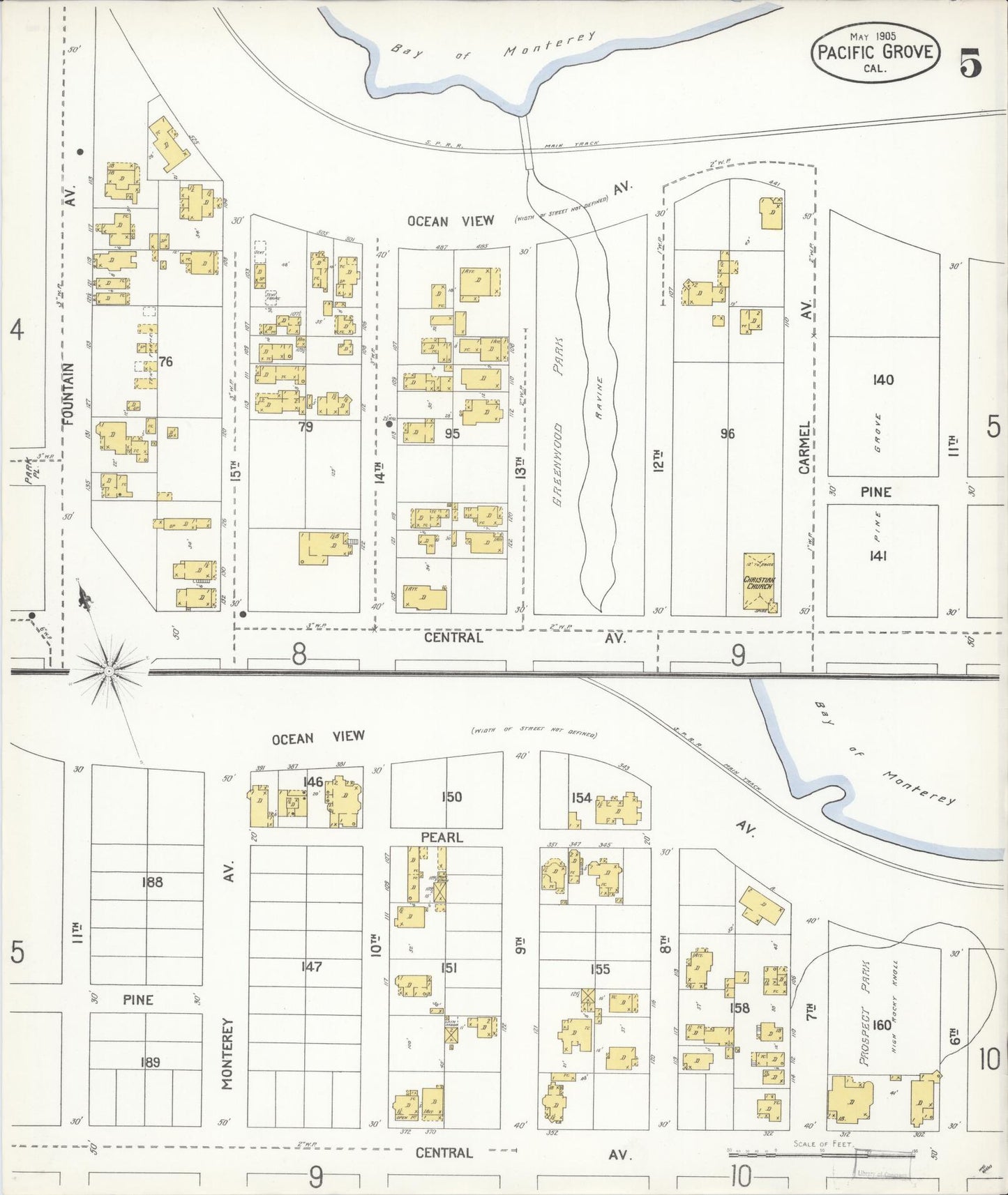 Sanborn Fire Insurance Map from Pacific Grove, Monterey County, California (1905), Sheet #0005 - Complete Map Set gallery image, historic Sanborn map, vintage wall art, California California