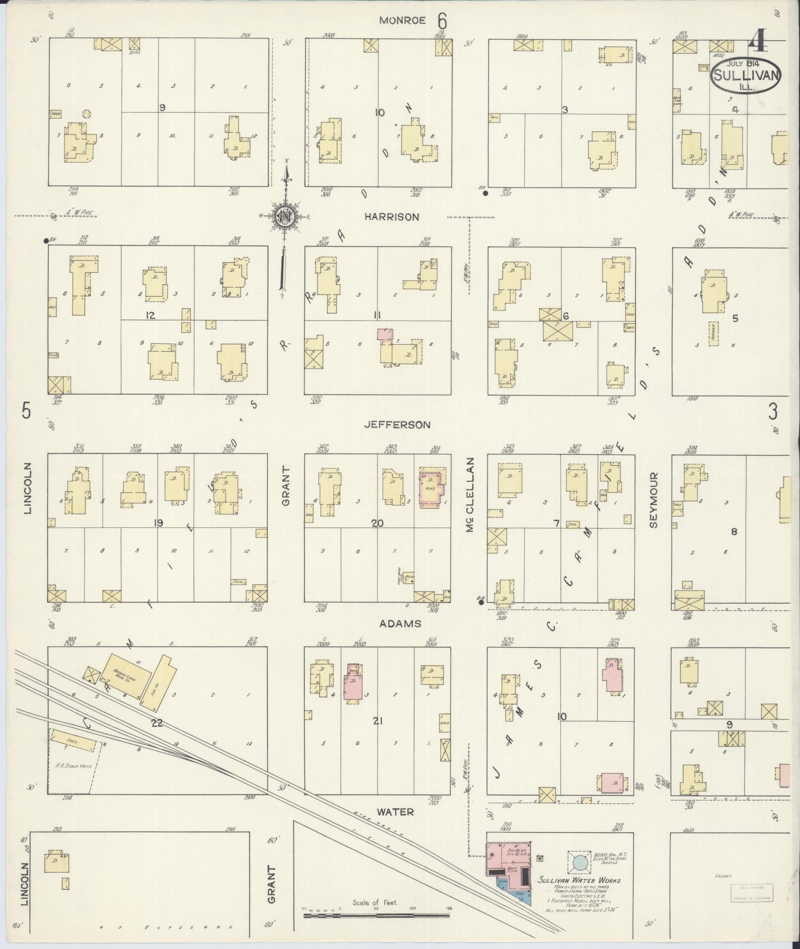 Sanborn Fire Insurance Map from Sullivan, Moultrie County, Illinois (1914), Sheet #0004 - Historic Sanborn Fire Insurance Map Print, vintage old map wall art, antique decor, genealogy gift, Illinois Illinois map
