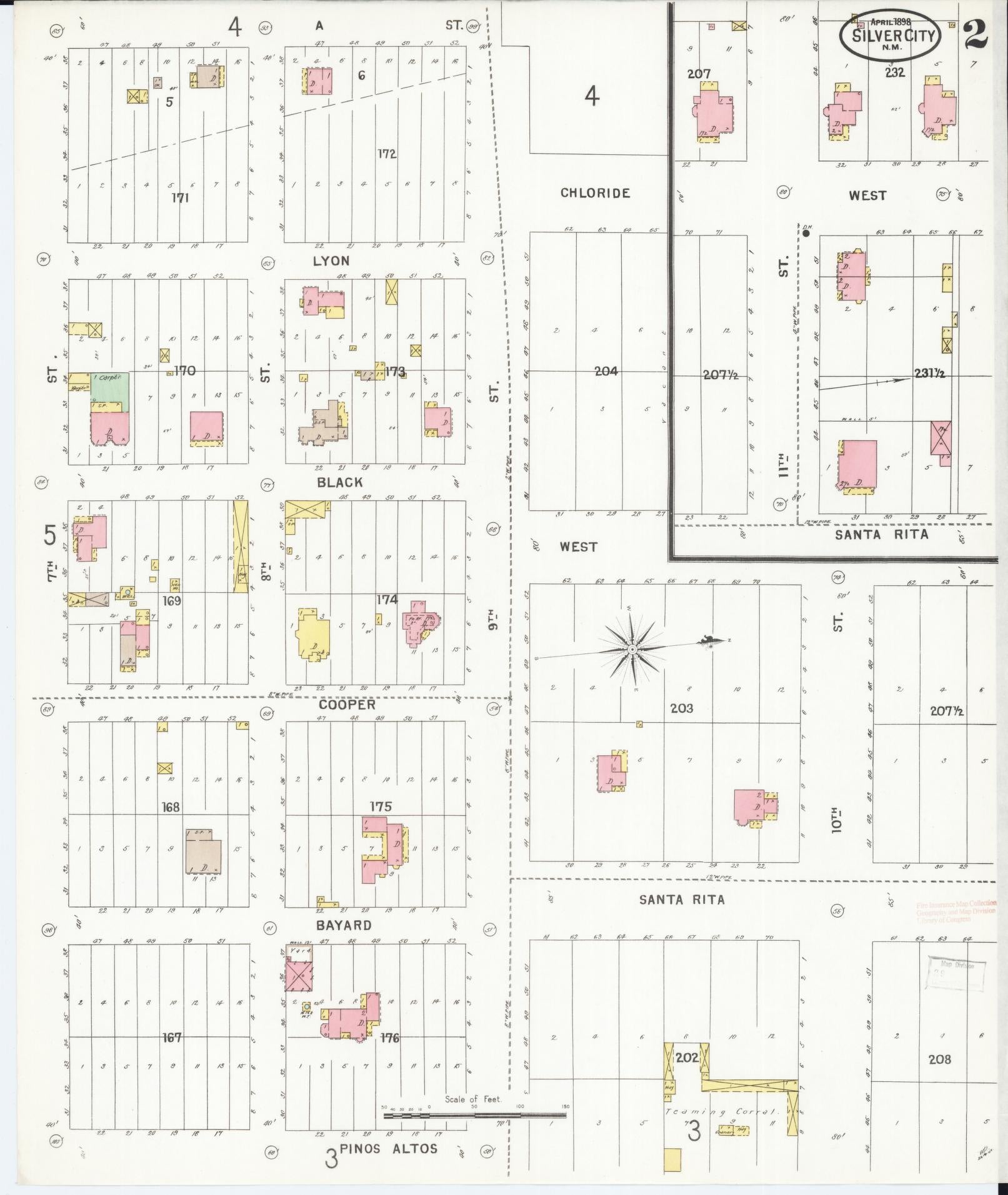 Sanborn Fire Insurance Map from Silver City, Grant County, New Mexico (1898), Sheet #0002 - Historic Sanborn Fire Insurance Map Print, vintage old map wall art, antique decor, genealogy gift, New Mexico New Mexico map