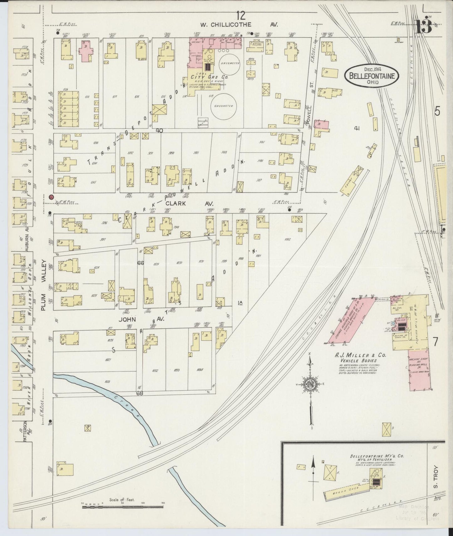 Sanborn Fire Insurance Map from Bellefontaine, Logan County, Ohio (1914), Sheet #0013 - Historic Sanborn Fire Insurance Map Print, vintage old map wall art, antique decor, genealogy gift, Ohio Ohio map