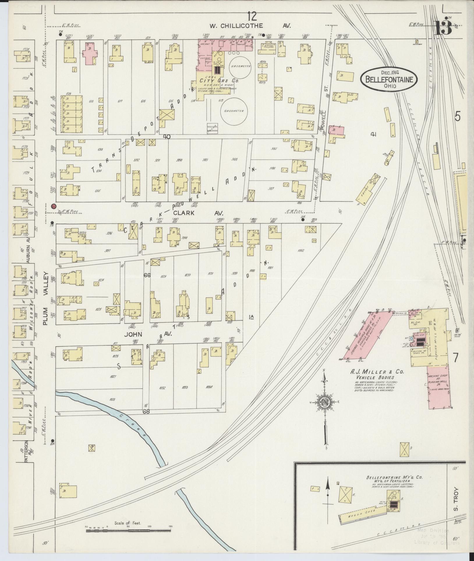Sanborn Fire Insurance Map from Bellefontaine, Logan County, Ohio (1914), Sheet #0013 - Historic Sanborn Fire Insurance Map Print, vintage old map wall art, antique decor, genealogy gift, Ohio Ohio map