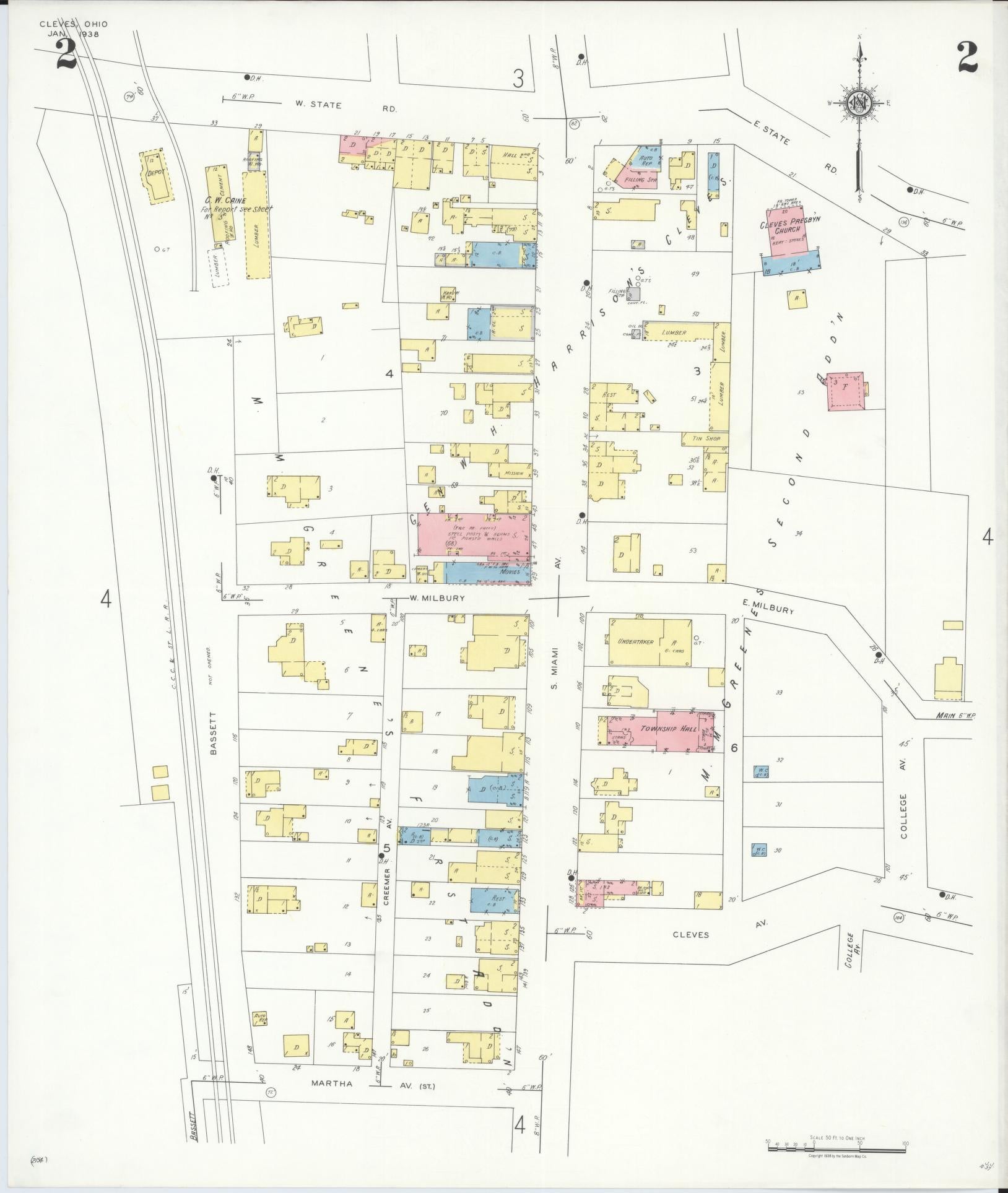 Sanborn Fire Insurance Map from Cleves, Hamilton County, Ohio (1938), Sheet #0002 - Historic Sanborn Fire Insurance Map Print, vintage old map wall art, antique decor, genealogy gift, Ohio Ohio map