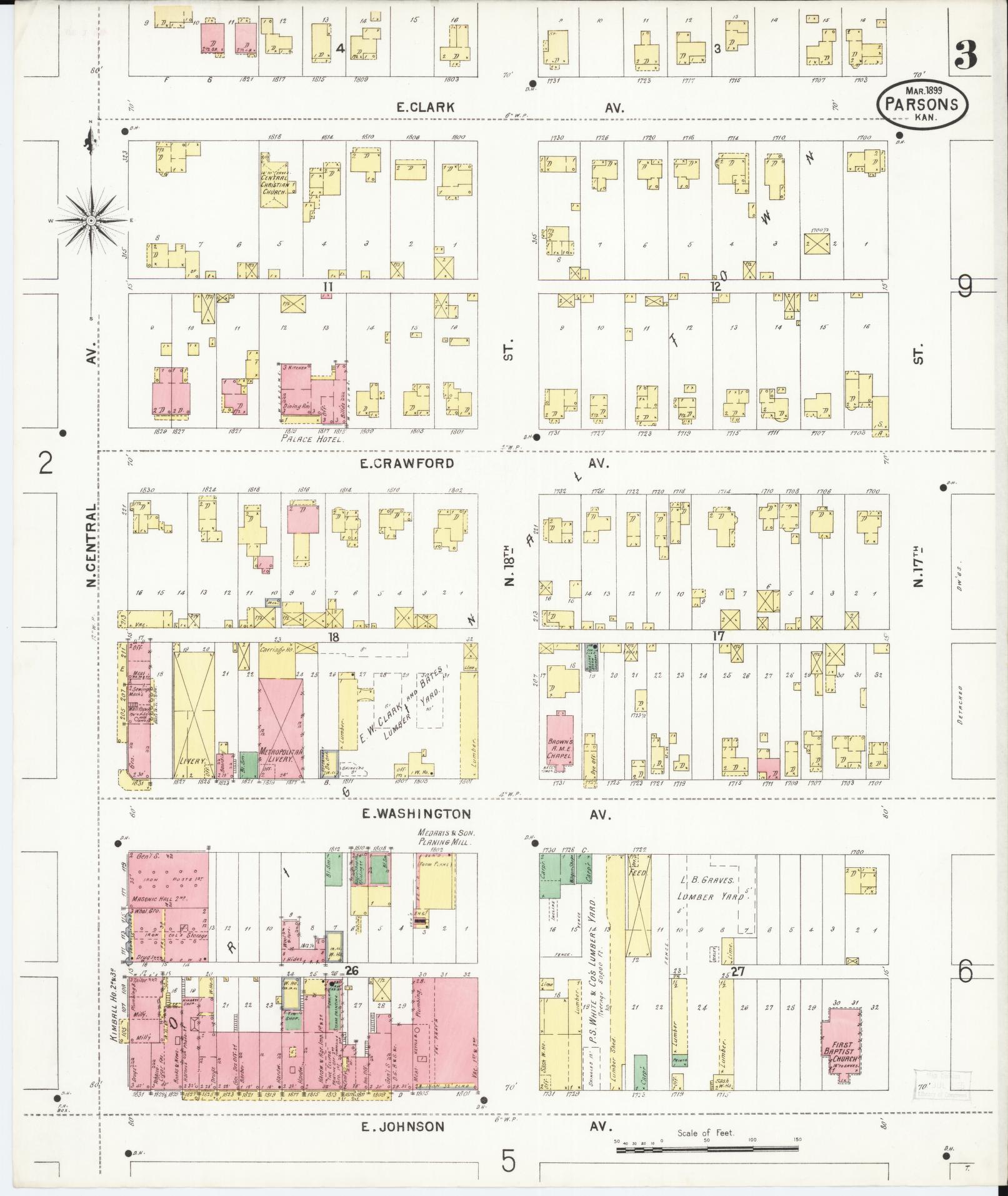 Sanborn Fire Insurance Map from Parsons, Labette County, Kansas (1899), Sheet #0003 - Historic Sanborn Fire Insurance Map Print, vintage old map wall art, antique decor, genealogy gift, Kansas Kansas map