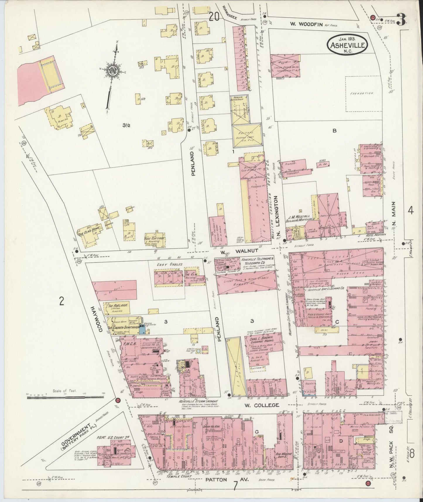 Sanborn Fire Insurance Map from Asheville, Buncombe County, North Carolina (1913), Sheet #0003 - Complete Map Set gallery image, historic Sanborn map, vintage wall art, North Carolina North Carolina