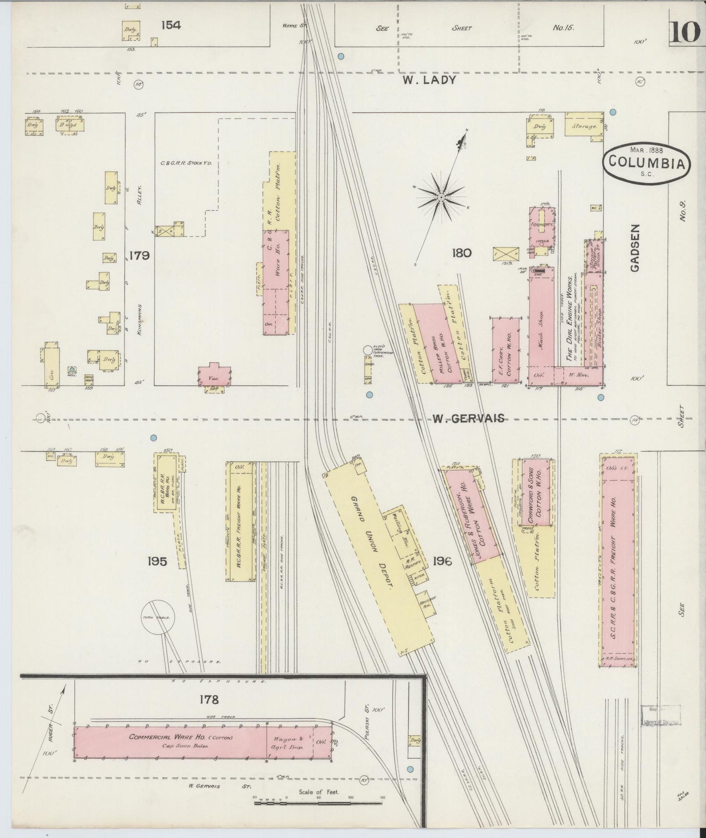 Sanborn Fire Insurance Map from Columbia, Richland County, South Carolina (1888), Sheet #0010 - Complete Map Set gallery image, historic Sanborn map, vintage wall art, South Carolina South Carolina